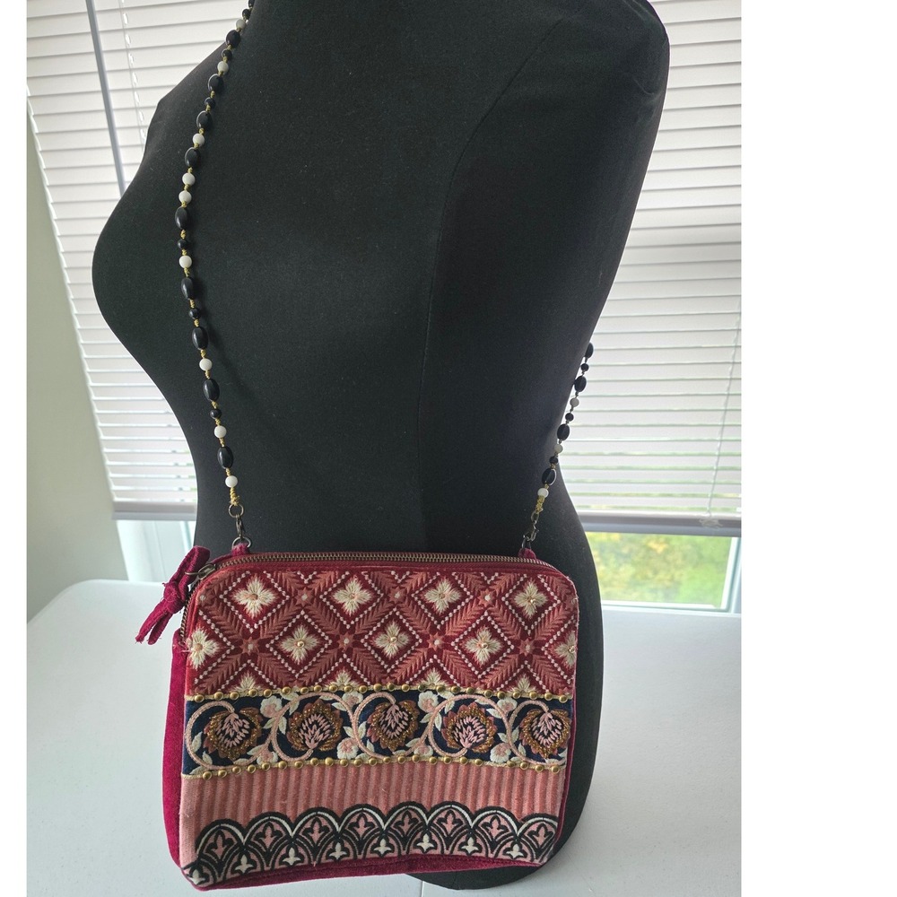 Anthropologie Velvet Embroidered Beaded Strap Crossbody Bag Red Pink Boho Floral